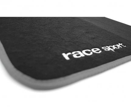 RaceSport Car Floor Mats Black Racing with Silver Aluminum Outline + Lettering Set of 4