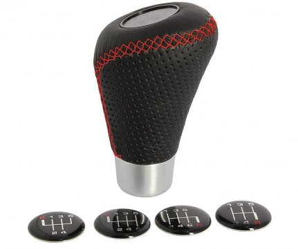 RaceSport Μπουλ Λεβιέ Leather Gear Knob Μαύρο – Κόκκινες Ραφές Δερμάτινο