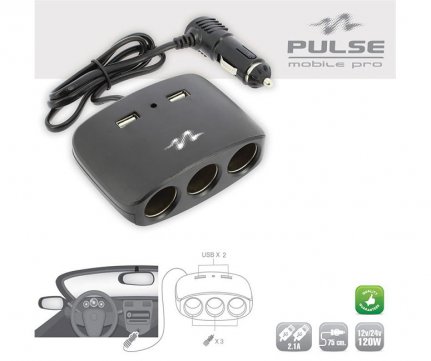 Pulse Triple Cigarette Lighter Adapter + 2 USB 2.1A Black 120W 12/24V